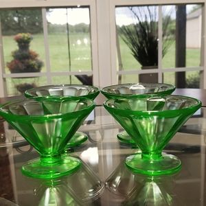 FF 💘4PC GREEN DEPRESSION GLASS SHERBET OPTIC PANEL FEDERAL CONE SHAPE VINTAGE *